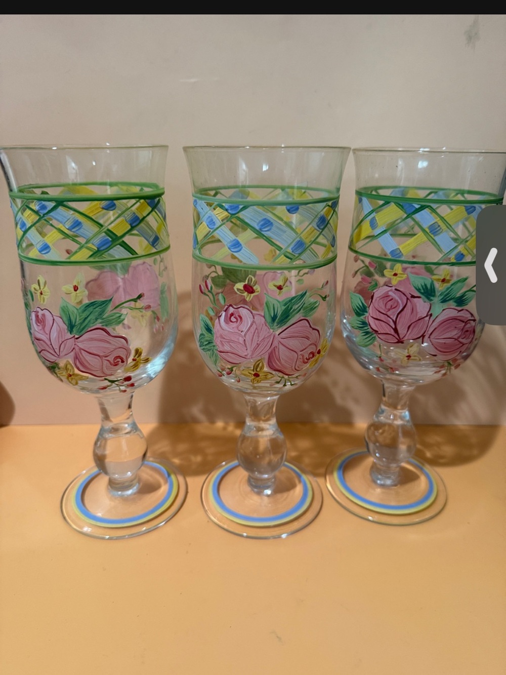 Waverly Hand-Painted Floral Goblets in Pink, Green & Blue - Set of 3